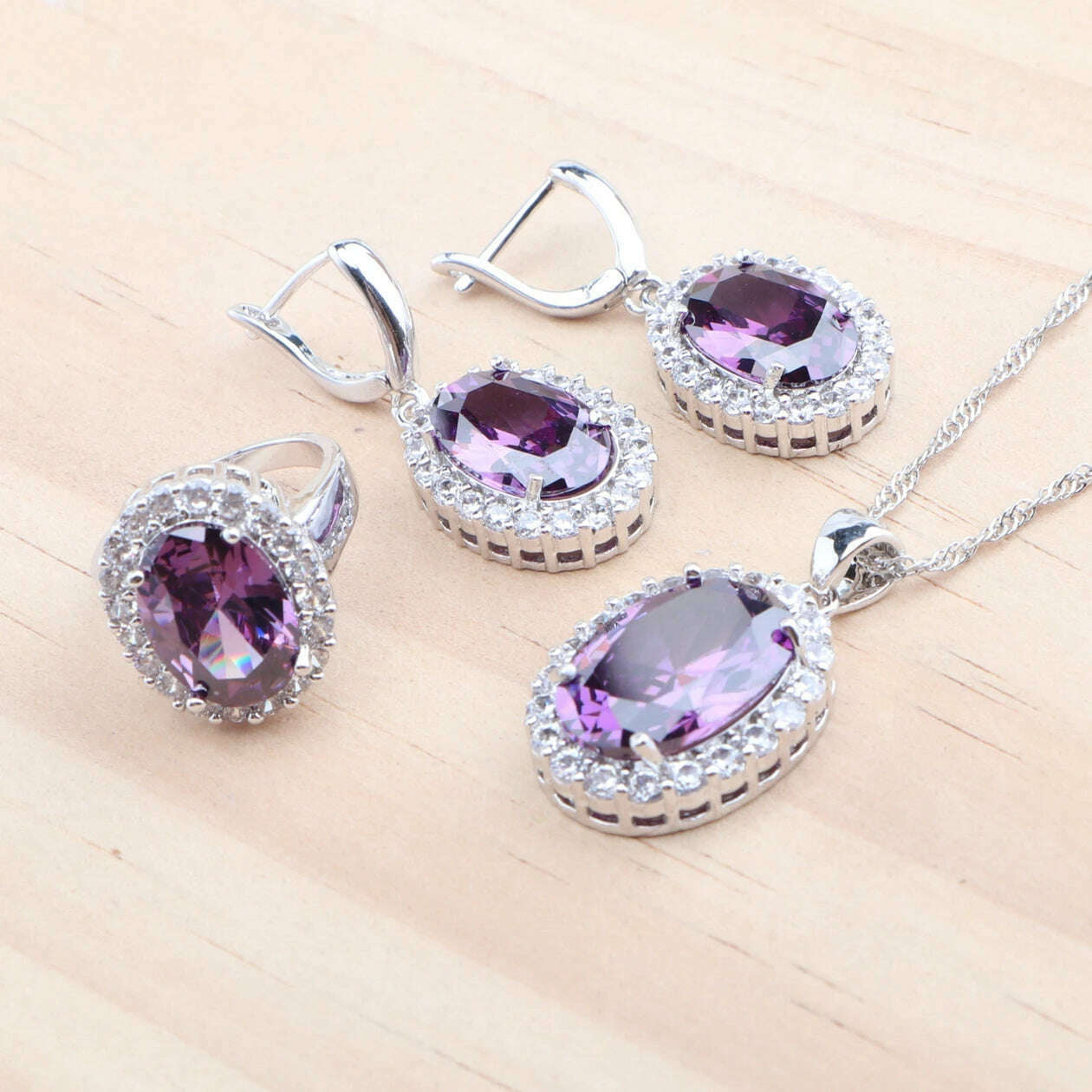 925 Silver Jewelry Sets Wedding Purple Zircon Earrings Bracelets For Women Rings Pendant Necklace Set