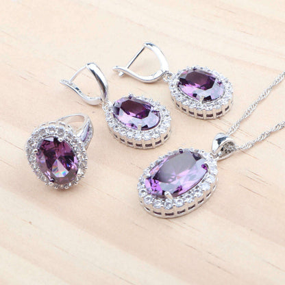 925 Silver Jewelry Sets Wedding Purple Zircon Earrings Bracelets For Women Rings Pendant Necklace Set