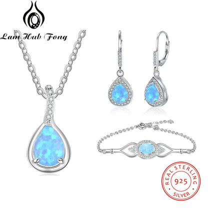 925 Sterling Silver Jewelry Sets for Women Cubic Zirconia Blue Opal Bracelet Earrings Chain Necklace Jewelry Sets (Lam Hub Fong)