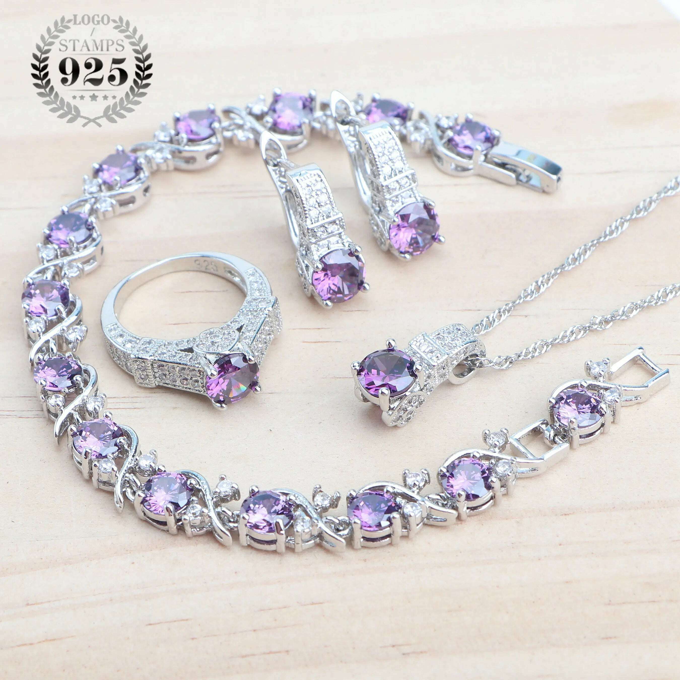 925 Sterling Silver Jewelry Sets For Women Wedding Jewelry Ladies Purple Zircon Earrings Bracelets Set Rings Pendant Necklace