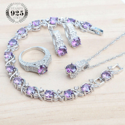 925 Sterling Silver Jewelry Sets For Women Wedding Jewelry Ladies Purple Zircon Earrings Bracelets Set Rings Pendant Necklace