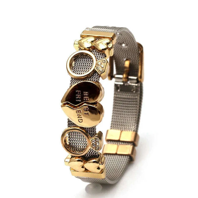 DINGLLY Two-tone Stainless Steel Mesh Bracelets For Women Men Love Heart Beaded 10mm Ribbon Mesh Bracelet & Bangle Gifts