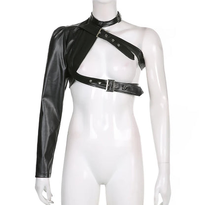 Women Fashion Punk Style Crop Tops Cool Single Long Sleeve Neck Hanger Leather Belt Connected Tops Streetwear Jackets
