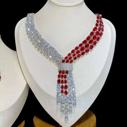 ASNORA - Luxury Blue 2 Piece Tassel Necklace Cubic Zircon Jewelry Set Women Wedding European Party Jewelry Set X0140