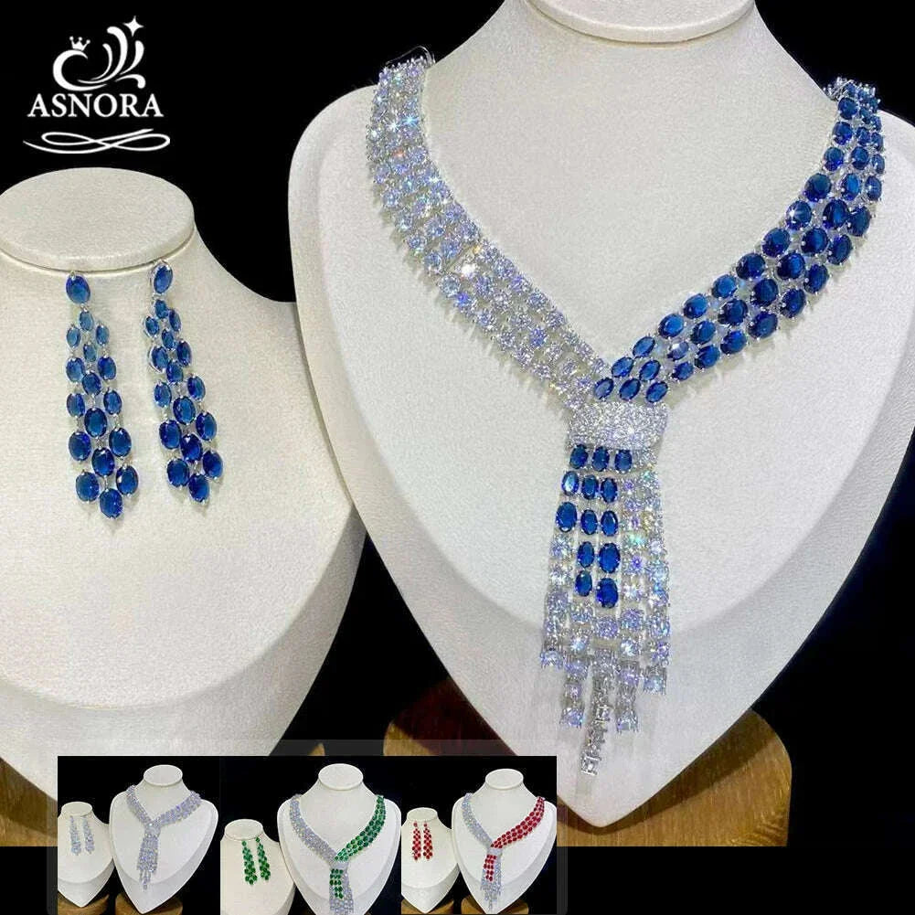 ASNORA - Luxury Blue 2 Piece Tassel Necklace Cubic Zircon Jewelry Set Women Wedding European Party Jewelry Set X0140