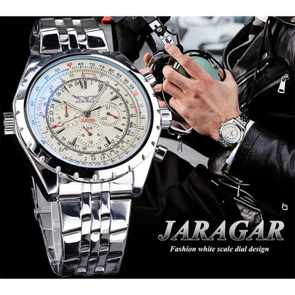 Jaragar White Dial Automatic Watch Complete Calendar Silver Stainless Steel Luminous Business Sport Mechanical Date Wristwatch