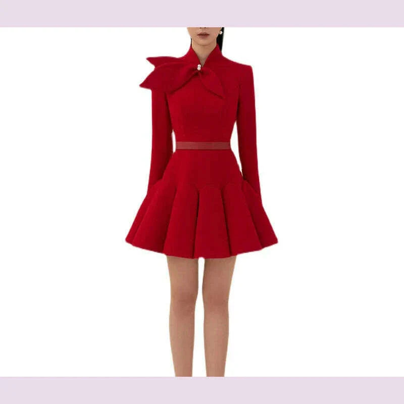 tailor shop light red wool dress Retro Slim  female light luxury dress Semi-Formal Dresses