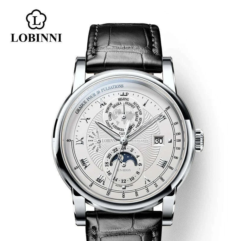 Switzerland LOBINNI Men Watch Luxury Brand Moon Phase Automatic Mechanical Men's Wirstwatches Sapphire Leather Seagull Movement