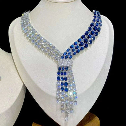ASNORA - Luxury Blue 2 Piece Tassel Necklace Cubic Zircon Jewelry Set Women Wedding European Party Jewelry Set X0140