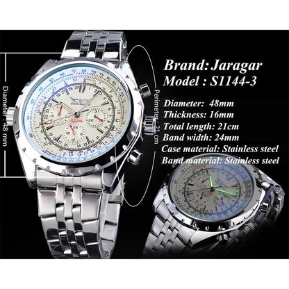 Jaragar White Dial Automatic Watch Complete Calendar Silver Stainless Steel Luminous Business Sport Mechanical Date Wristwatch