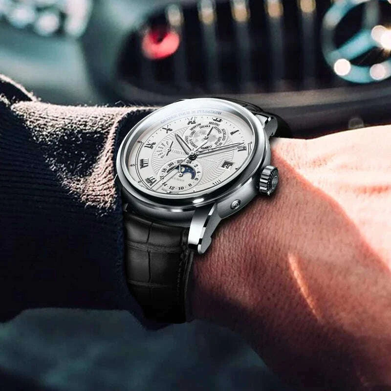 Switzerland LOBINNI Men Watch Luxury Brand Moon Phase Automatic Mechanical Men's Wirstwatches Sapphire Leather Seagull Movement