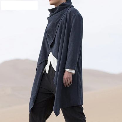 Men's Retro Jackets Trench Windbreaker Casual Cotton Solid Color Scarf Collar Irregular Long Sleeve Cloak Loose Stylish New
