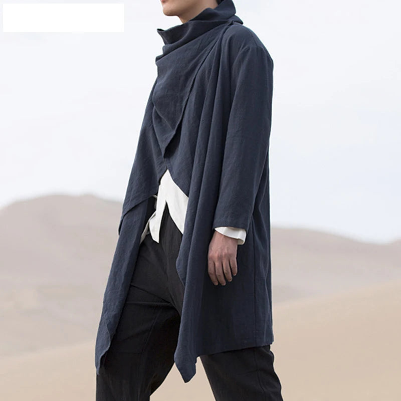 Men's Retro Jackets Trench Windbreaker Casual Cotton Solid Color Scarf Collar Irregular Long Sleeve Cloak Loose Stylish New