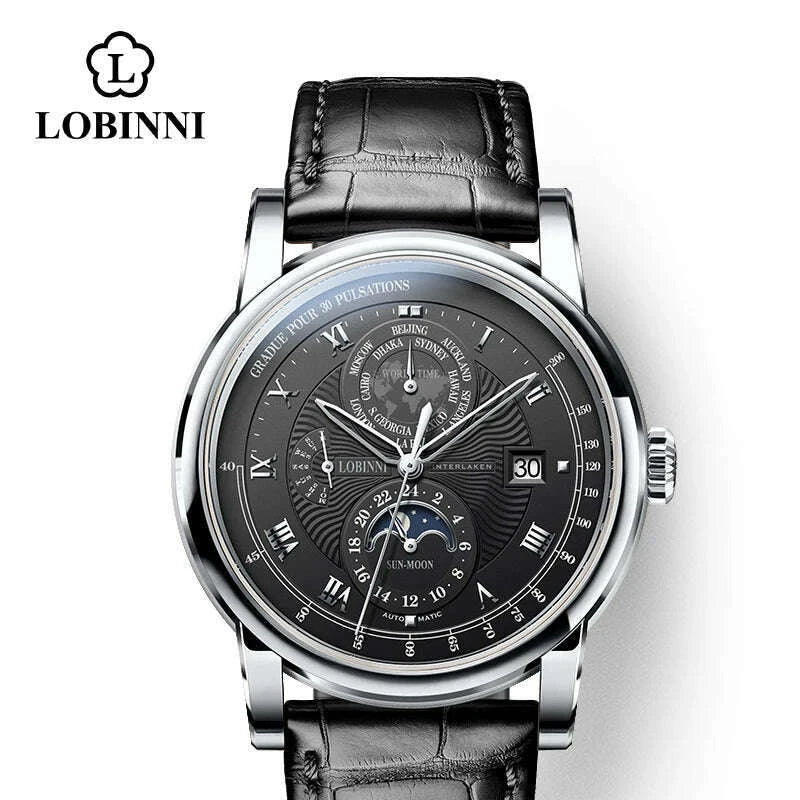 Switzerland LOBINNI Men Watch Luxury Brand Moon Phase Automatic Mechanical Men's Wirstwatches Sapphire Leather Seagull Movement