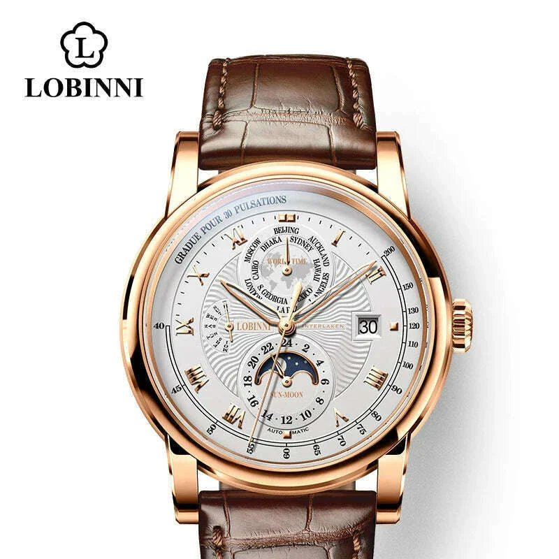 Switzerland LOBINNI Men Watch Luxury Brand Moon Phase Automatic Mechanical Men's Wirstwatches Sapphire Leather Seagull Movement