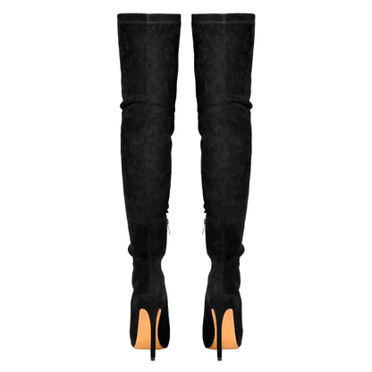 Onlymaker Womens Stretch Thigh High Socks Booties Pointed Toe High Heel Over the Knee Boots Faux Suede Black Big Size Boots