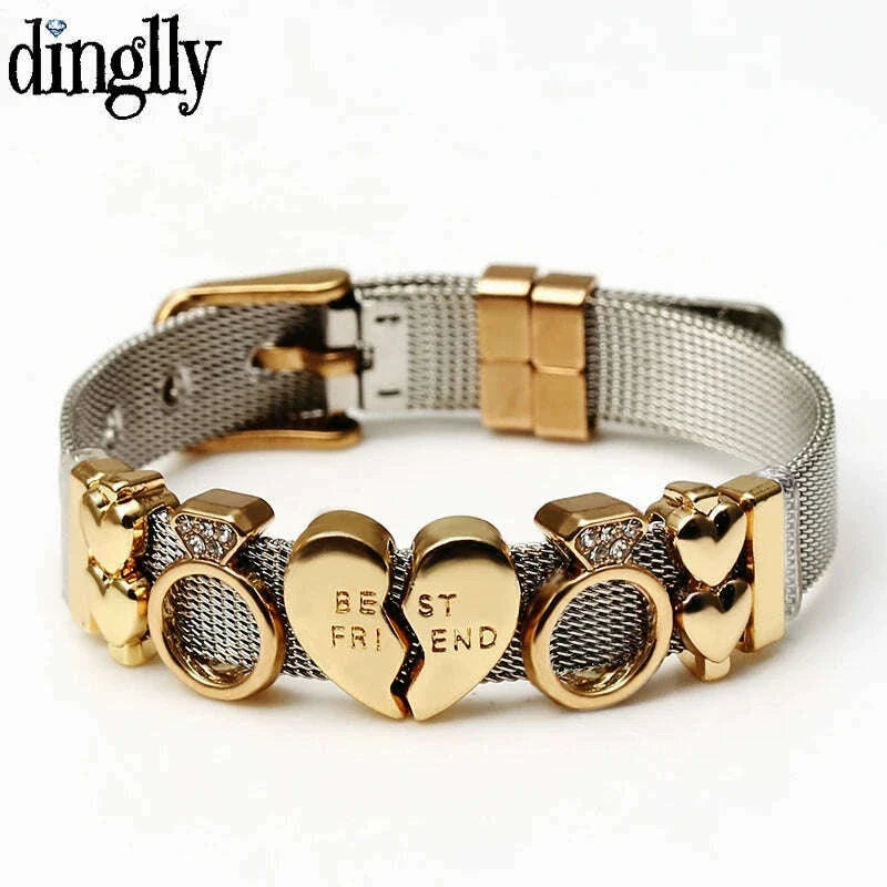 DINGLLY Two-tone Stainless Steel Mesh Bracelets For Women Men Love Heart Beaded 10mm Ribbon Mesh Bracelet & Bangle Gifts