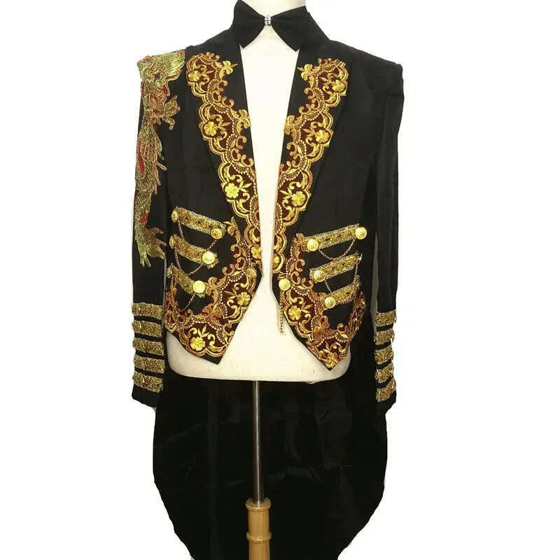 Men's Long Black Embroidery Tailcoat Suit Jackets Magic Performance Coat Wedding Groom Party Marry Formal Singer Host Tuxedo