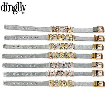 DINGLLY Two-tone Stainless Steel Mesh Bracelets For Women Men Love Heart Beaded 10mm Ribbon Mesh Bracelet & Bangle Gifts