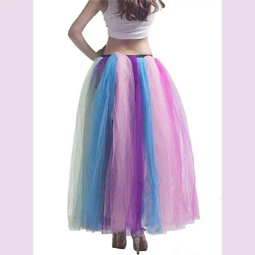 MisShow 2022 Autumn Winter Rainbow Pleated Maxi Tutu Skirt Vintage 6 Layers Elastic High Waist Skirts Long Party Beach Dresses
