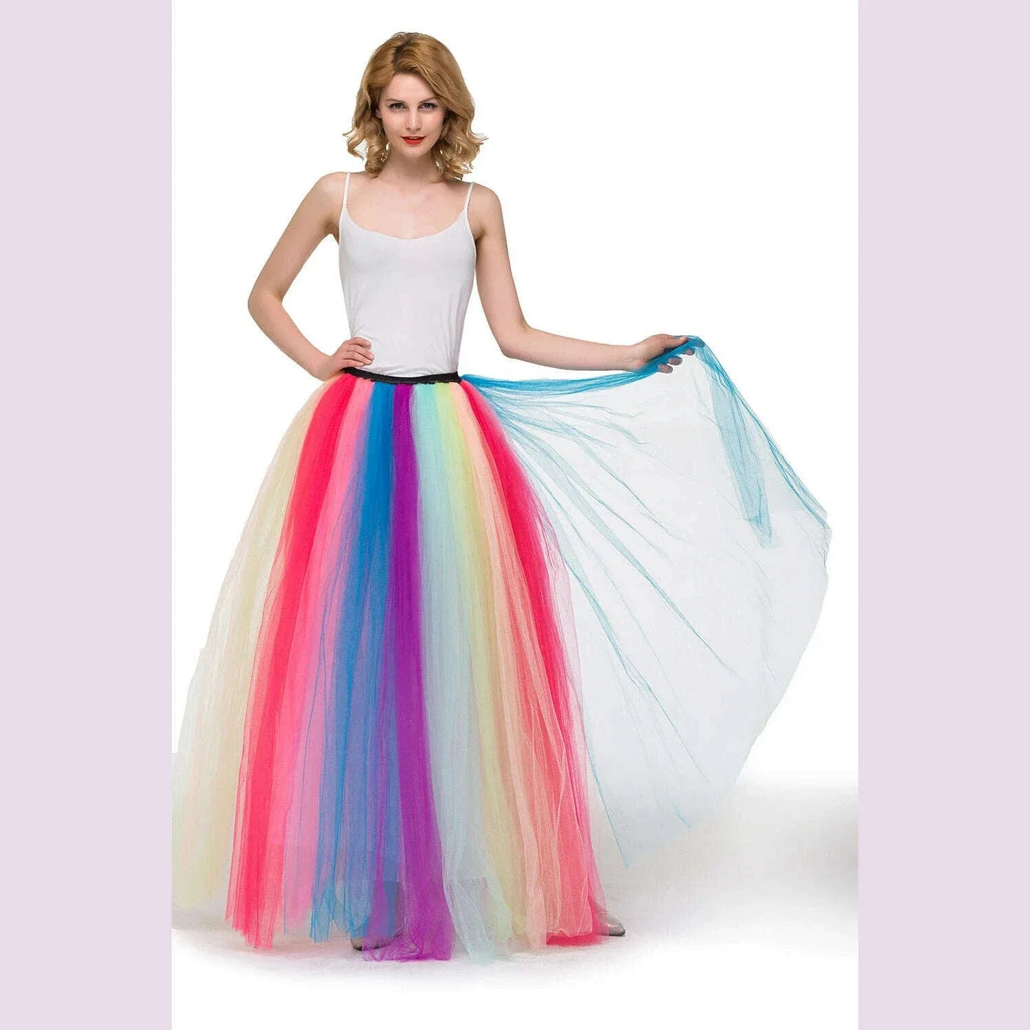 MisShow 2022 Autumn Winter Rainbow Pleated Maxi Tutu Skirt Vintage 6 Layers Elastic High Waist Skirts Long Party Beach Dresses