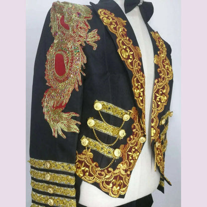 Court Tuxedo Magic Costume Black Red Blue Embroidery Long Tailcoat Blazers Bar Singer Host Stage Wear Wedding Suit Jackets