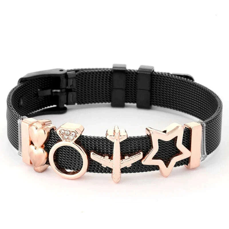 DINGLLY Two-tone Stainless Steel Mesh Bracelets For Women Men Love Heart Beaded 10mm Ribbon Mesh Bracelet & Bangle Gifts