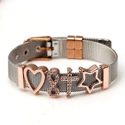 DINGLLY Two-tone Stainless Steel Mesh Bracelets For Women Men Love Heart Beaded 10mm Ribbon Mesh Bracelet & Bangle Gifts