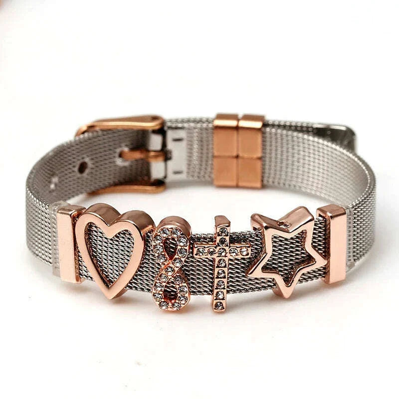 DINGLLY Two-tone Stainless Steel Mesh Bracelets For Women Men Love Heart Beaded 10mm Ribbon Mesh Bracelet & Bangle Gifts