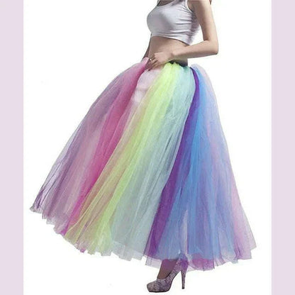 MisShow 2022 Autumn Winter Rainbow Pleated Maxi Tutu Skirt Vintage 6 Layers Elastic High Waist Skirts Long Party Beach Dresses