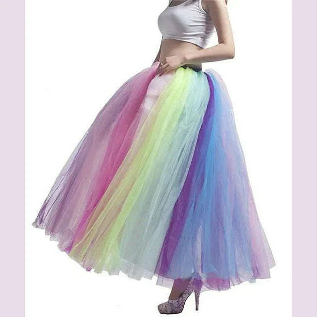 MisShow 2022 Autumn Winter Rainbow Pleated Maxi Tutu Skirt Vintage 6 Layers Elastic High Waist Skirts Long Party Beach Dresses