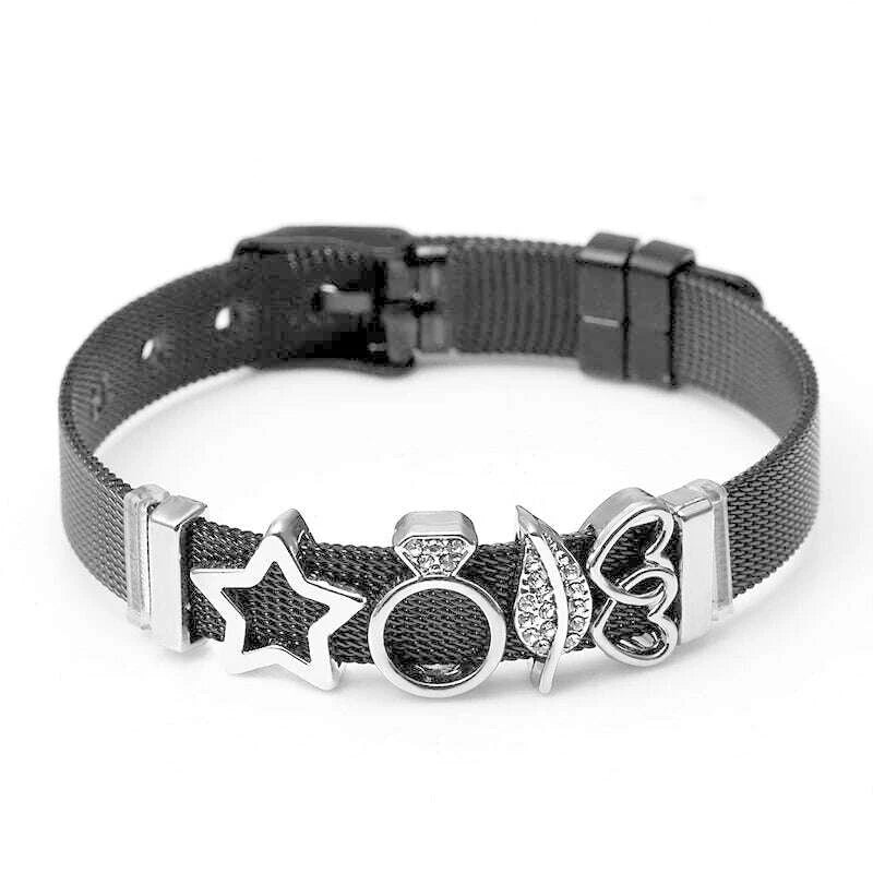DINGLLY Two-tone Stainless Steel Mesh Bracelets For Women Men Love Heart Beaded 10mm Ribbon Mesh Bracelet & Bangle Gifts