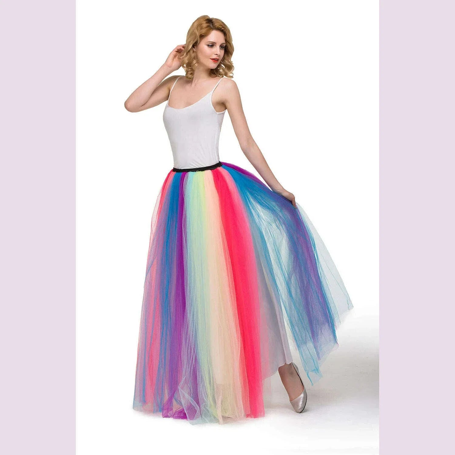 MisShow 2022 Autumn Winter Rainbow Pleated Maxi Tutu Skirt Vintage 6 Layers Elastic High Waist Skirts Long Party Beach Dresses
