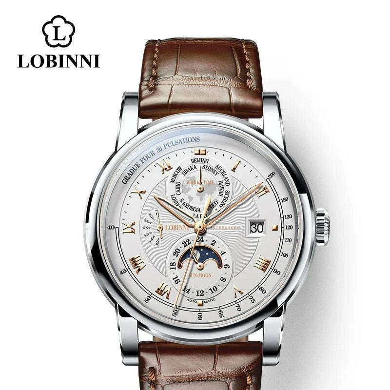 Switzerland LOBINNI Men Watch Luxury Brand Moon Phase Automatic Mechanical Men's Wirstwatches Sapphire Leather Seagull Movement