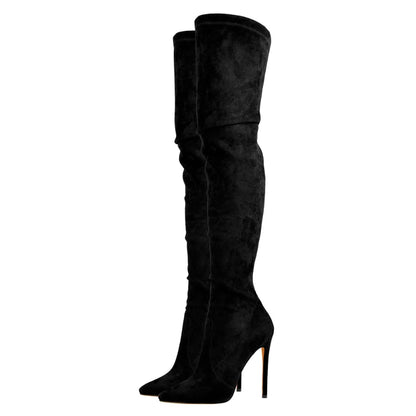 Onlymaker Womens Stretch Thigh High Socks Booties Pointed Toe High Heel Over the Knee Boots Faux Suede Black Big Size Boots