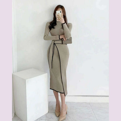 New Retro Knitted Bodycon Dress Women Korean Fashion Autumn Winter Half High Collar Lace Up Elegant Sweater Dresses Vestidos