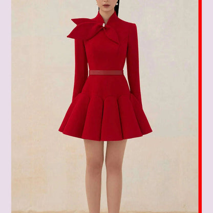 tailor shop light red wool dress Retro Slim  female light luxury dress Semi-Formal Dresses
