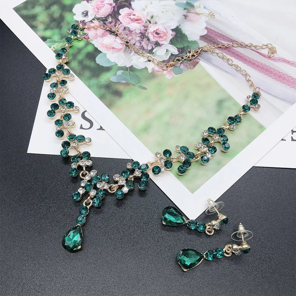 Fashion Crystal Bridal Wedding Jewelry Sets Women Gold Color Rhinestone Necklace Long Earrings Set Dress Accessories Bridesmaids