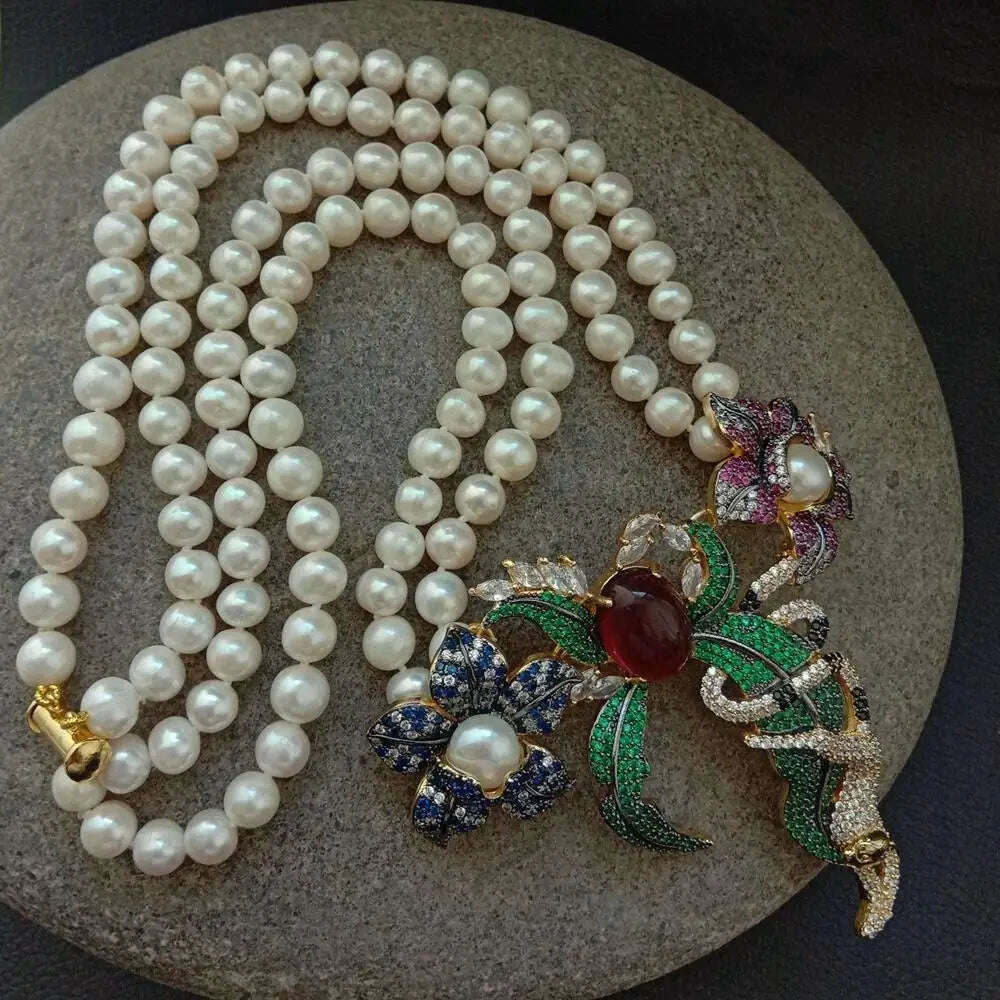 21" 2 Rows White Round freshwater Pearl Necklace  cz pave annimal  flower monkey gold color plated Pendant luxury wedding