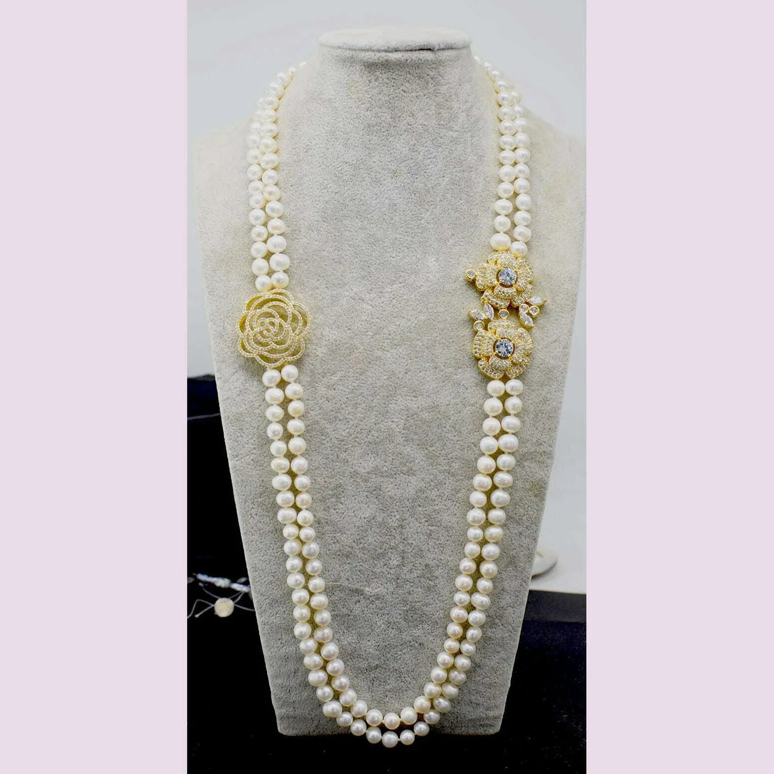 2ROWS freshwater pearl WHITE/GRAY ROUND 8-9MM necklace 24-26" FPPJ wholesale for woman gift