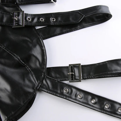 Women Fashion Punk Style Crop Tops Cool Single Long Sleeve Neck Hanger Leather Belt Connected Tops Streetwear Jackets