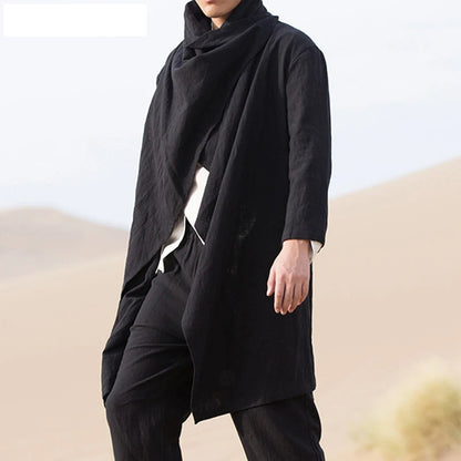 Men's Retro Jackets Trench Windbreaker Casual Cotton Solid Color Scarf Collar Irregular Long Sleeve Cloak Loose Stylish New