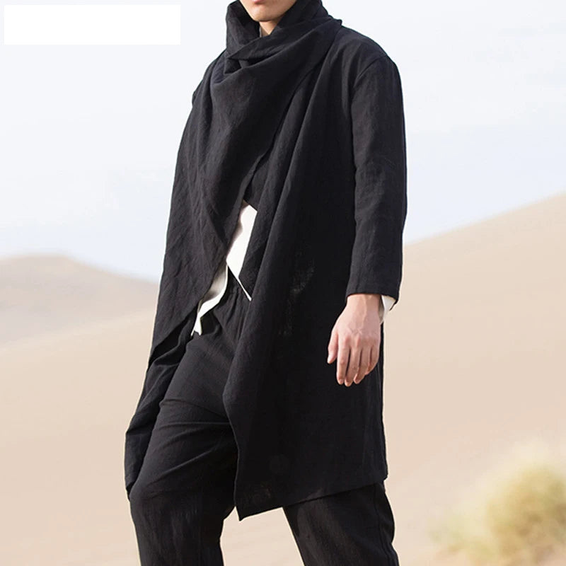 Men's Retro Jackets Trench Windbreaker Casual Cotton Solid Color Scarf Collar Irregular Long Sleeve Cloak Loose Stylish New