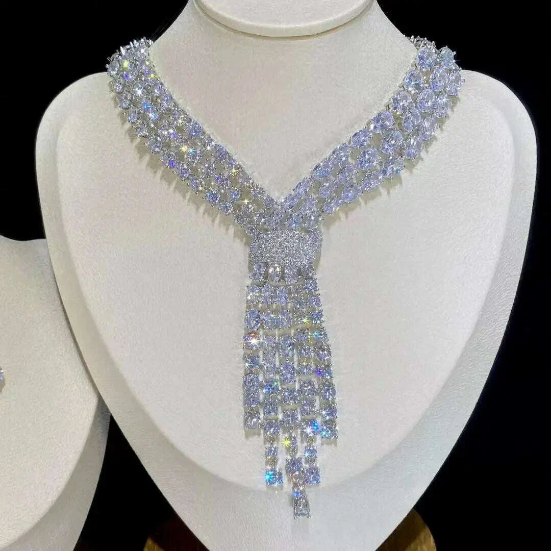 ASNORA - Luxury Blue 2 Piece Tassel Necklace Cubic Zircon Jewelry Set Women Wedding European Party Jewelry Set X0140