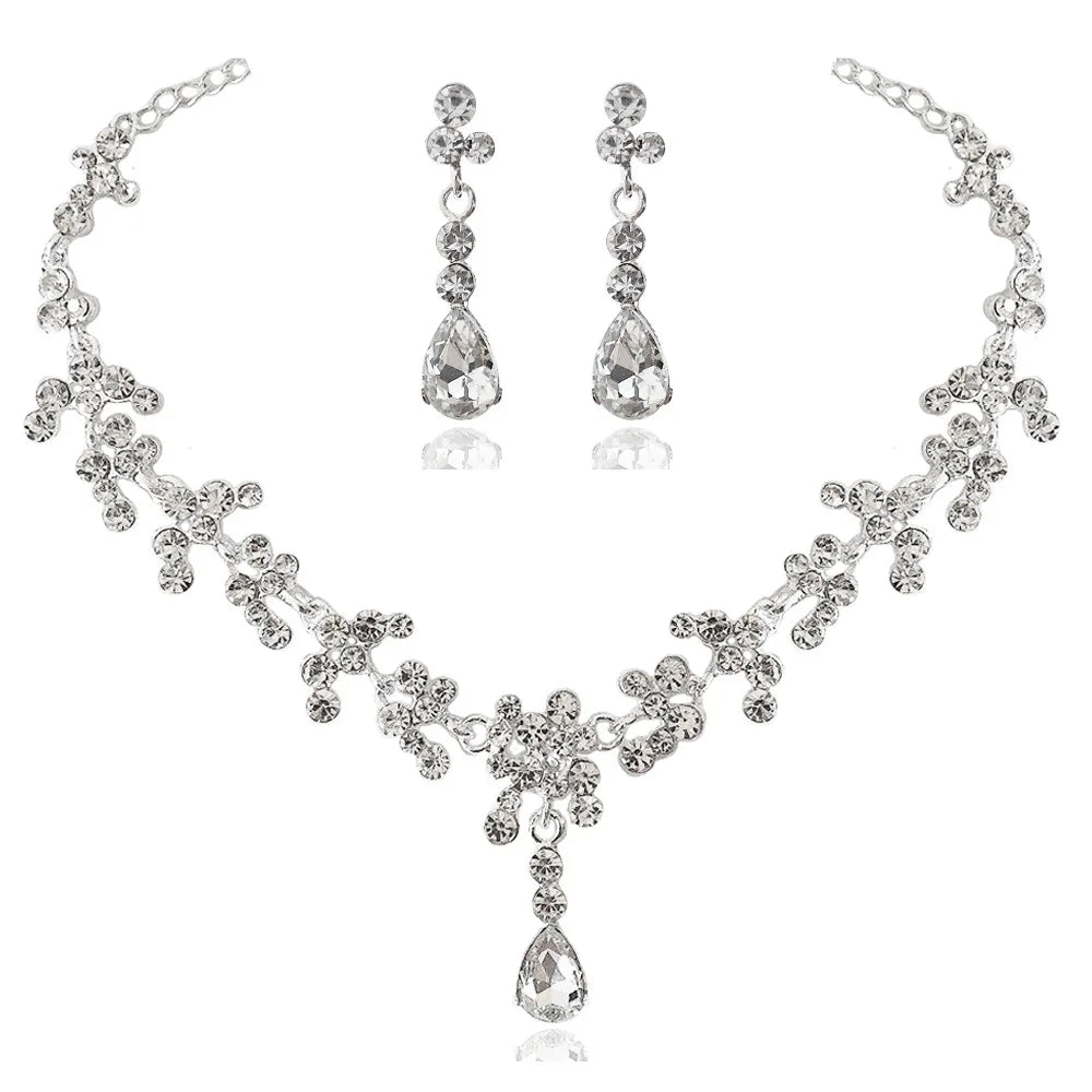 Fashion Crystal Bridal Wedding Jewelry Sets Women Gold Color Rhinestone Necklace Long Earrings Set Dress Accessories Bridesmaids