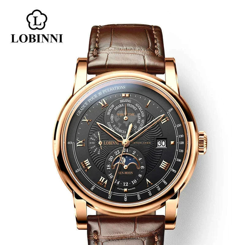 Switzerland LOBINNI Men Watch Luxury Brand Moon Phase Automatic Mechanical Men's Wirstwatches Sapphire Leather Seagull Movement