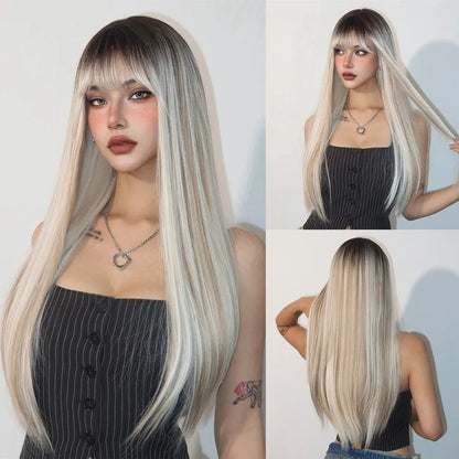 ALAN EATON Chestnut Brown Synthetic Wig with Bangs Long Straight Wig Natural Layered Hair Smooth Soft Daily Wig Heat Resistant