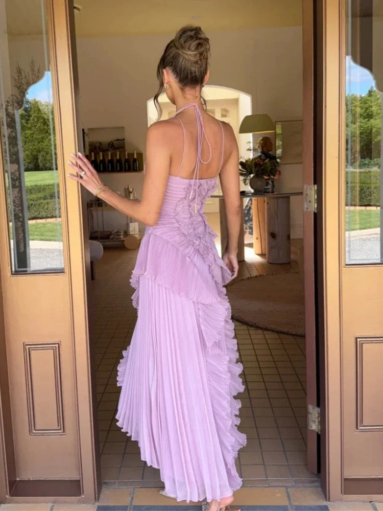 Fashoin Pleated Patchwork Sleeveless Summer Dress Women Elegant Halter Backless Split Maxi Dress Ladies Party Evening Dress 2025