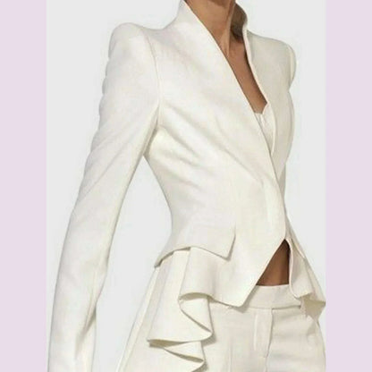 Chic Blazer Woman Spring Autumn Long Sleeve Stand Collar Solid Coat Slim Ruffle Casual Jackets Vintage Tailed Blazers Outwears