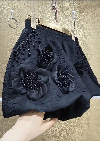 2024 Summer Pearls Beaded Flower Stitch Pantalones Cortos Black Wide Leg Shorts Women's Short Pants Elastic Waist Short Trousers